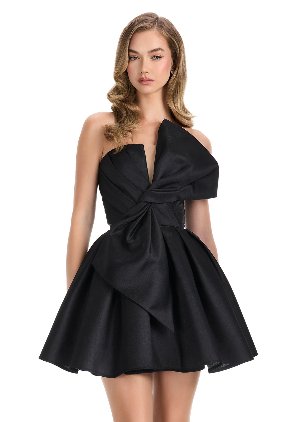 Lydia Mini Dress | Black Classic mini dress with dramatic bow accent, structured bodice, and flared skirt.