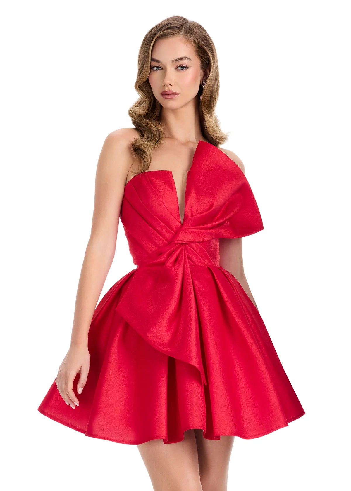 Lydia Mini Dress | Red Mikado mini dress with structured bodice, oversized bow, and pleated flared skirt.