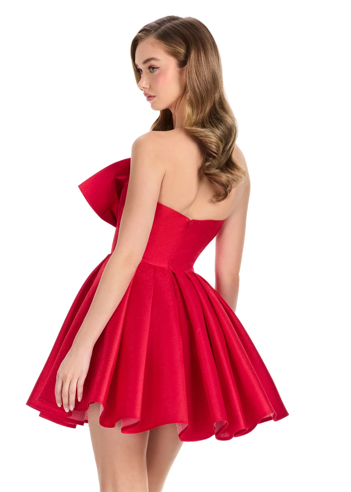 Lydia Mini Dress | Red Elegant short dress featuring statement bow detail, fitted waist, and voluminous skirt.