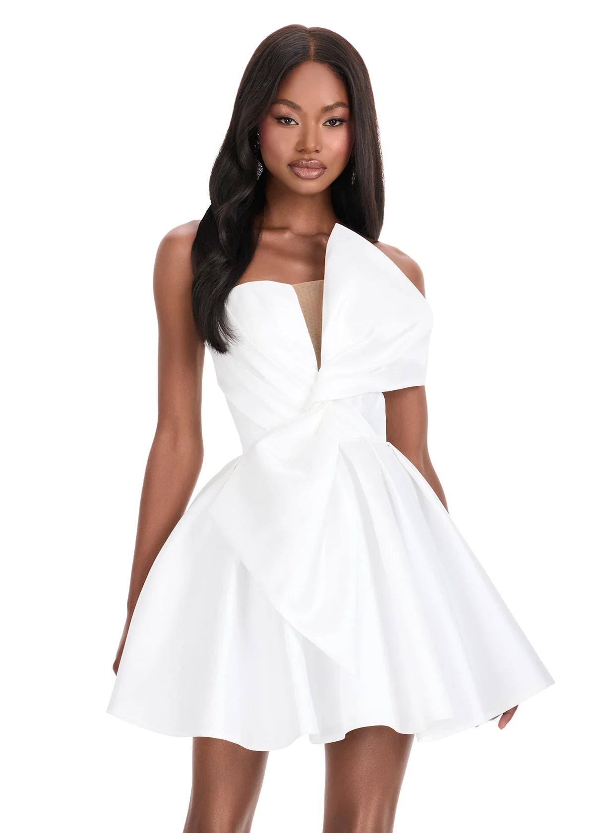 Lydia Mini Dress | White Timeless mini dress with statement bow, structured bodice, and pleated skirt.