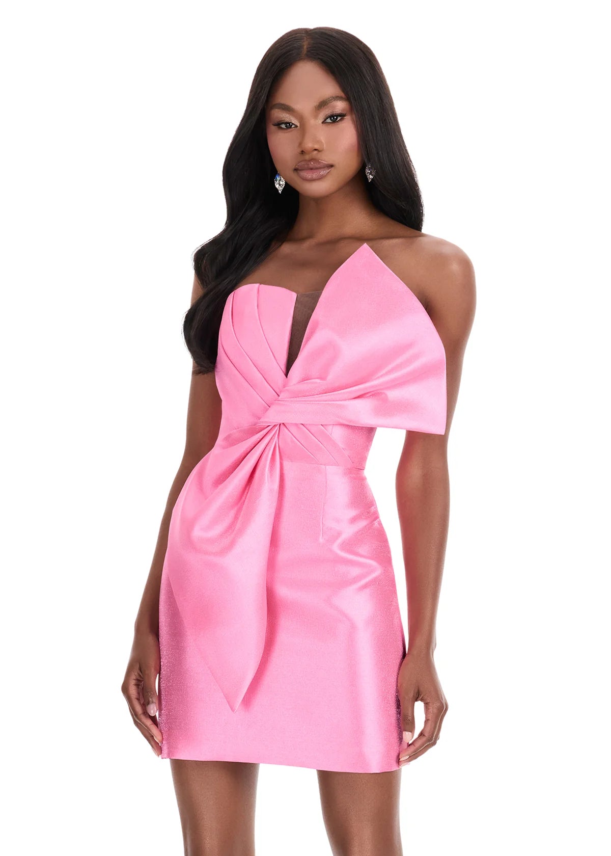 Eudora Mini Dress | Pink Chic one-shoulder mini with bold bow detail, tailored bodice, and fitted silhouette.