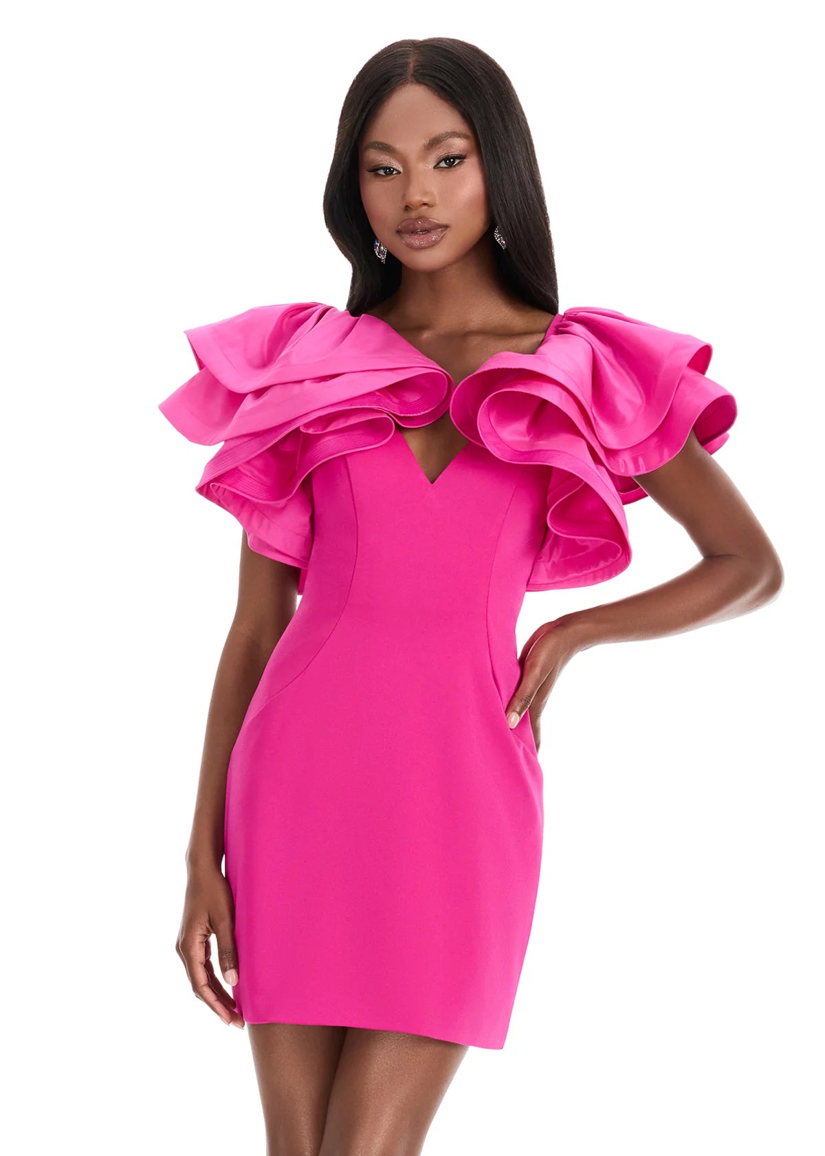 Yesenia Mini Dress | Fuchsia Mini dress with dramatic ruffled sleeves, sleek fitted silhouette, and chic party-ready look.