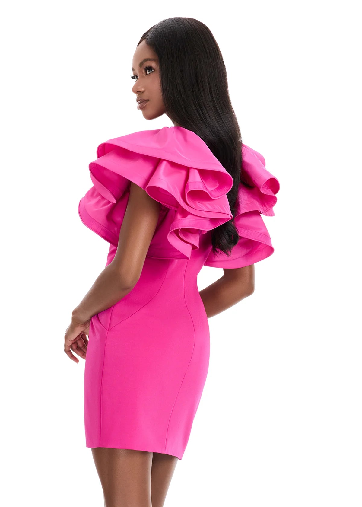 Yesenia Mini Dress | Fuchsia Statement cocktail dress featuring bold sleeve accents and elegant tailored fit.