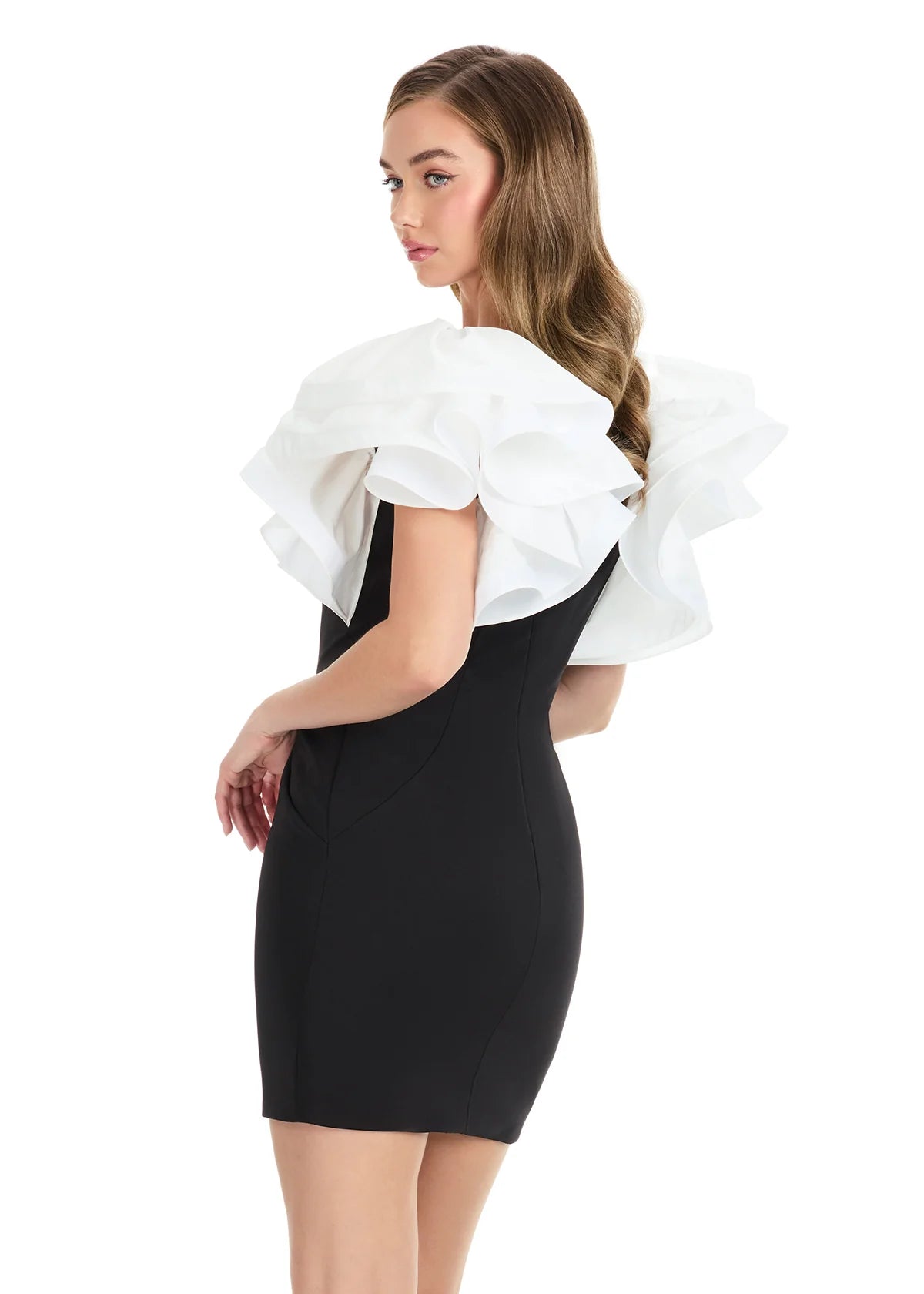 Yesenia Mini Dress | Ivory-Black Bold cocktail mini featuring striking sleeve detail, tailored fit, and chic finish.