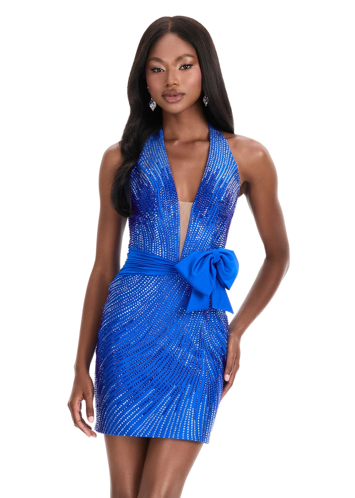 Lorelei Mini Dress | Royal Beaded mini dress with plunging neckline, fitted silhouette, and wide sash bow at the waist.