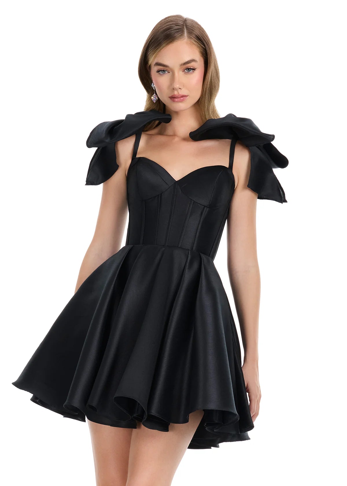 Galene Mini Dress | Black Elegant cocktail mini featuring structured bodice, statement bows, and playful skirt.