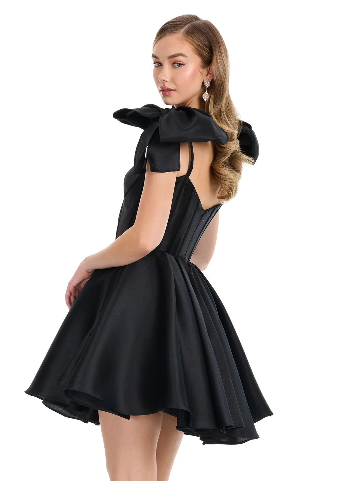 Galene Mini Dress | Black Mikado mini dress with sweetheart neckline, oversized bow sleeves, and flared skirt.