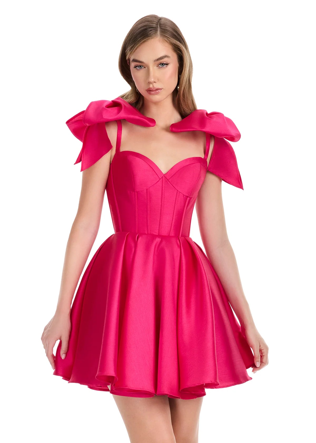 Galene Mini Dress | Fuchsia Chic mikado cocktail mini featuring dramatic bows, fitted bodice, and playful silhouette.