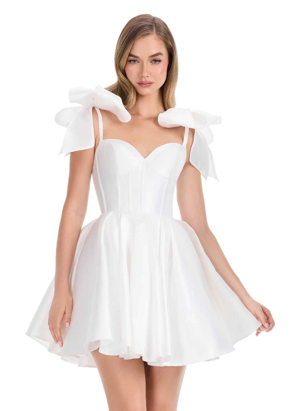 Galene Mini Dress | Ivory Chic cocktail mini with structured bodice, dramatic bow details, and playful silhouette.