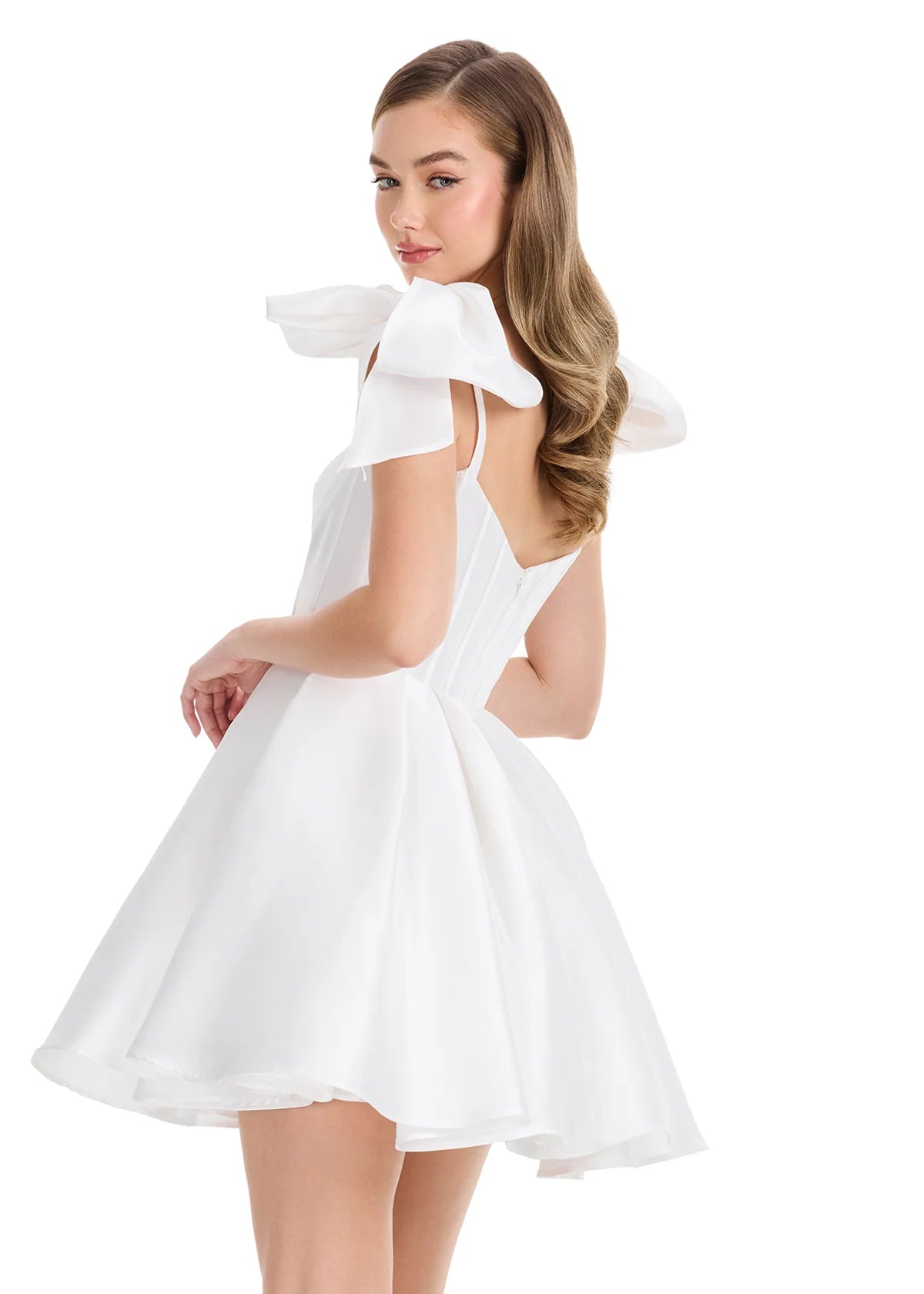 Galene Mini Dress | Ivory Elegant mini featuring sweetheart neckline, oversized bow sleeves, and full mikado skirt.