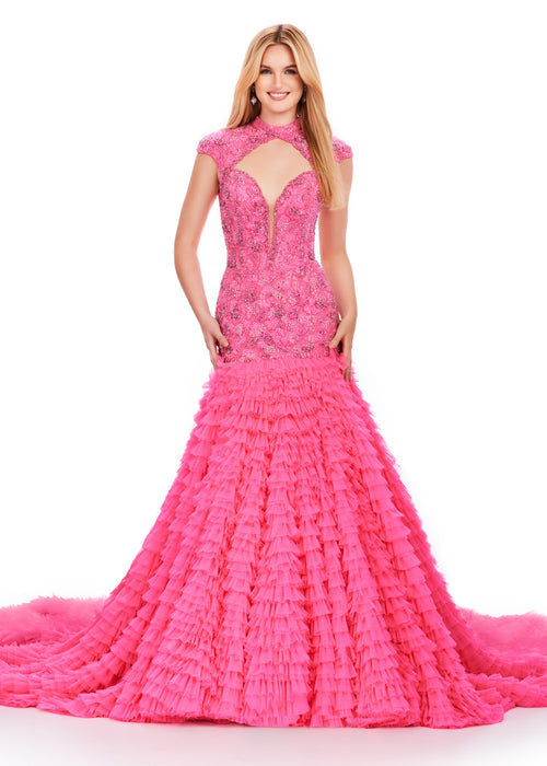 Jaylyn Gown | Hot-Pink Embellished lace bodice gown with tiered skirt, designed for luxury bridal or evening wear.