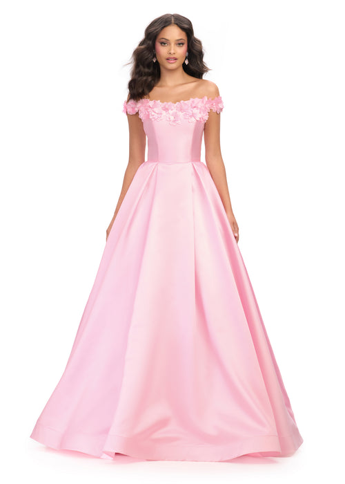 Sena Gown | Pink ball gown with romantic off the shoulder neckline and floral appliqué detailing, offering a graceful silhouette for weddings and galas.