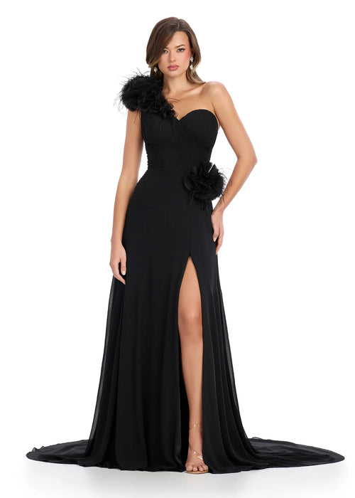 Alondra Gown | Black One Shoulder Evening Gown with Ruched Bustier, Feather and Ruffle Detailing and High Slit for Galas, Cocktails and Red Carpet Events