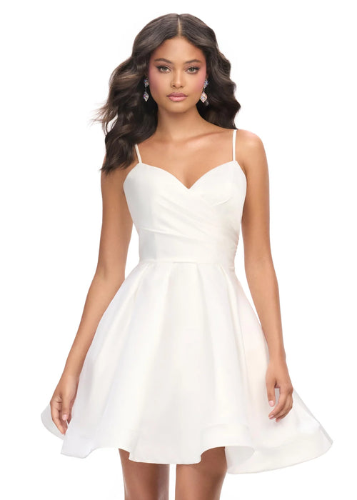 Kyla Mini Dress | White Spaghetti strap cocktail dress with sweetheart neckline, fitted bodice, and flared short skirt.