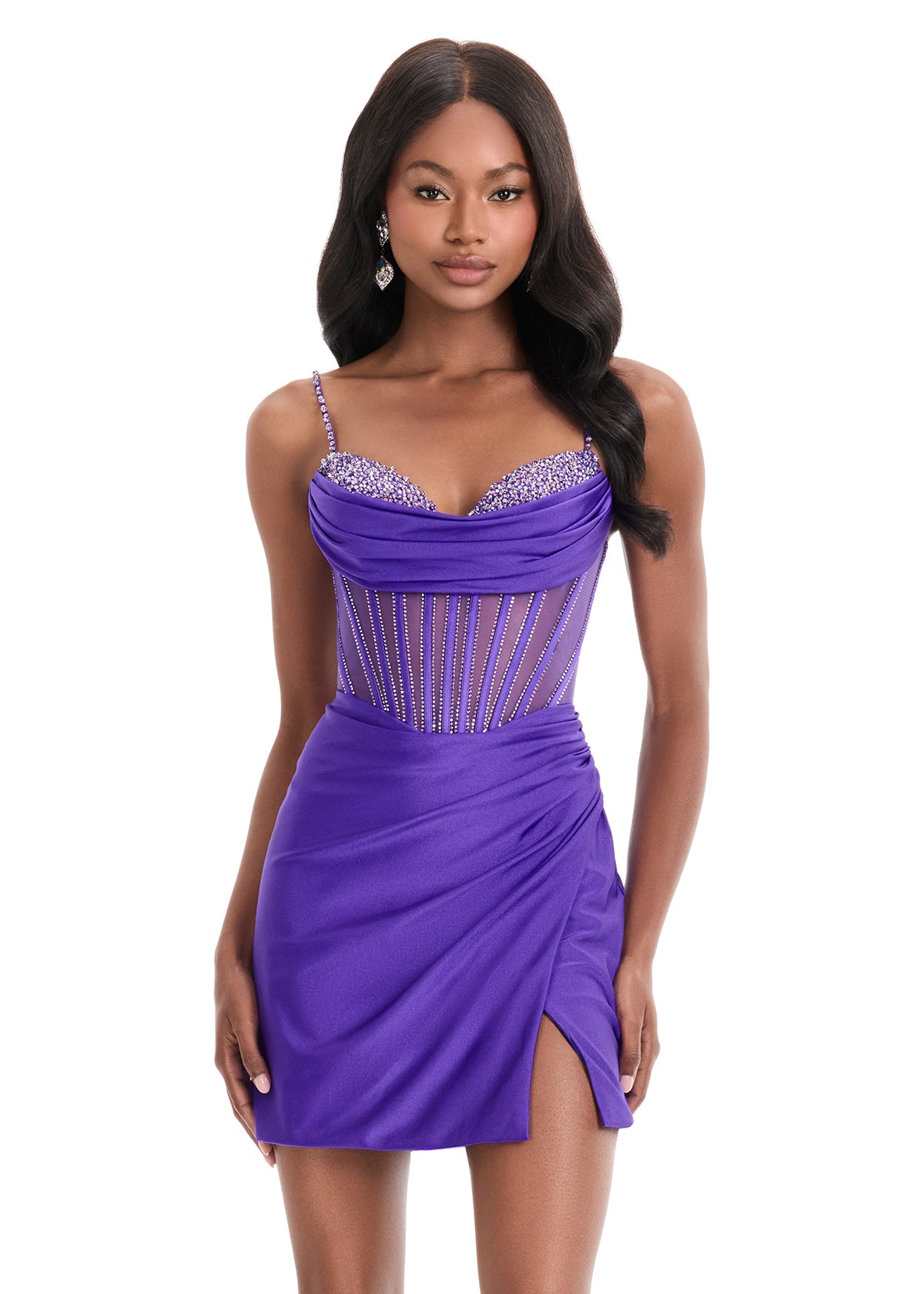 Aria Mini Dress | Purple fitted jersey mini dress with beaded bust detail, delicate straps, side ruching and draped skirt for a flattering silhouette perfect for prom, cocktail parties and special evenings