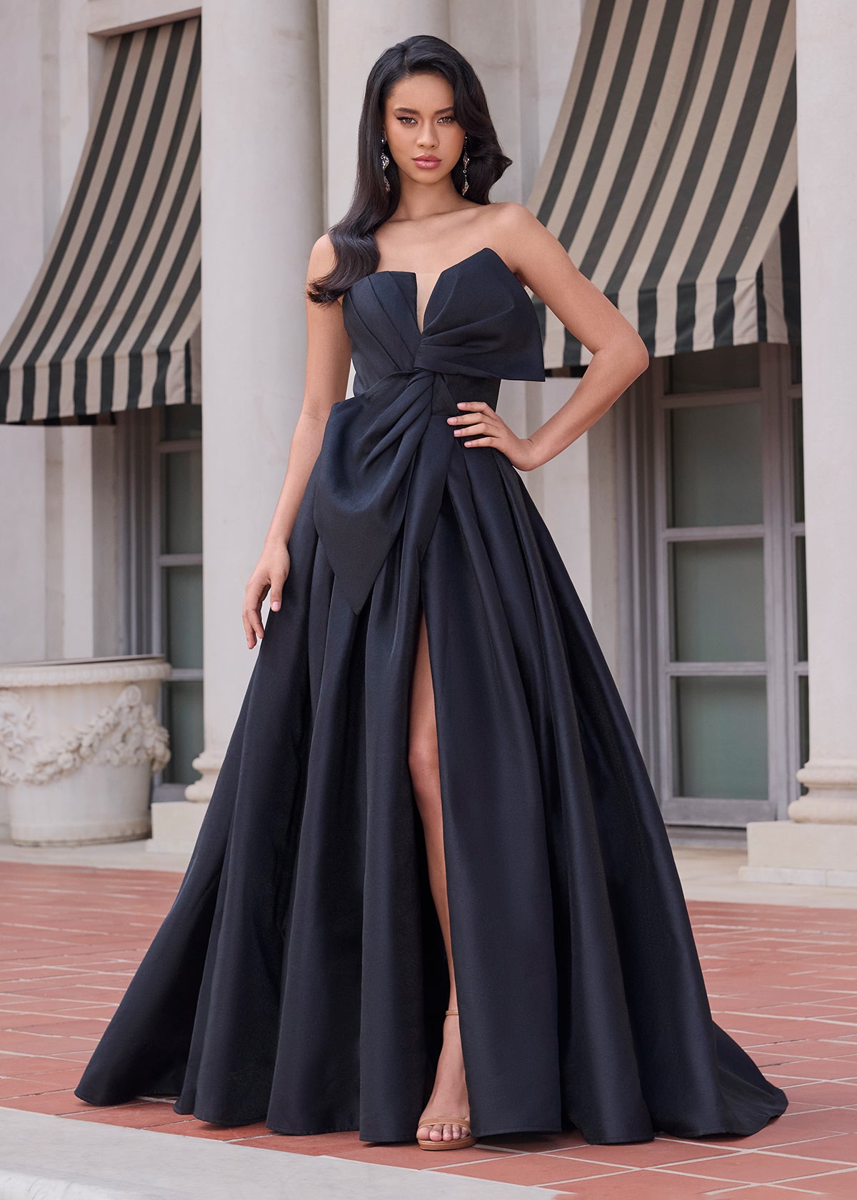 Delilah Gown | Black Mikado Strapless Evening Gown with Asymmetrical Oversized Bow, Structured Silhouette and Elegant Formal Volume for Galas, Weddings and Red Carpet Events