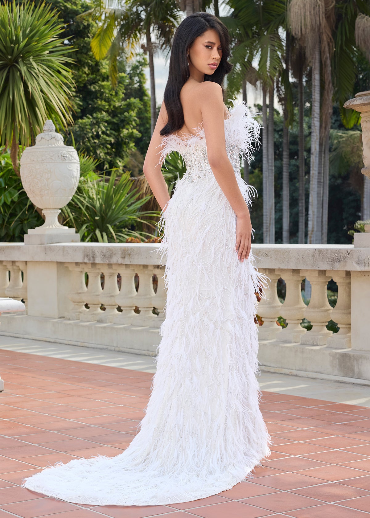 Luna Gown | Ivory Luxury strapless gown with intricate bead embellishment, dramatic slit and statement Hollywood glamour