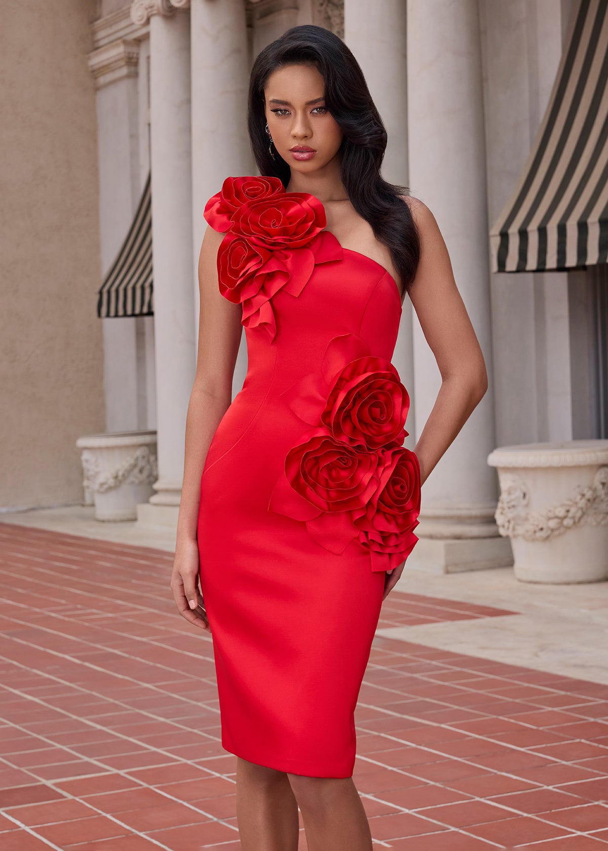 Monica Midi Dress | Red Contemporary formal dress with floral appliqué accent, asymmetric neckline and sophisticated satin structure