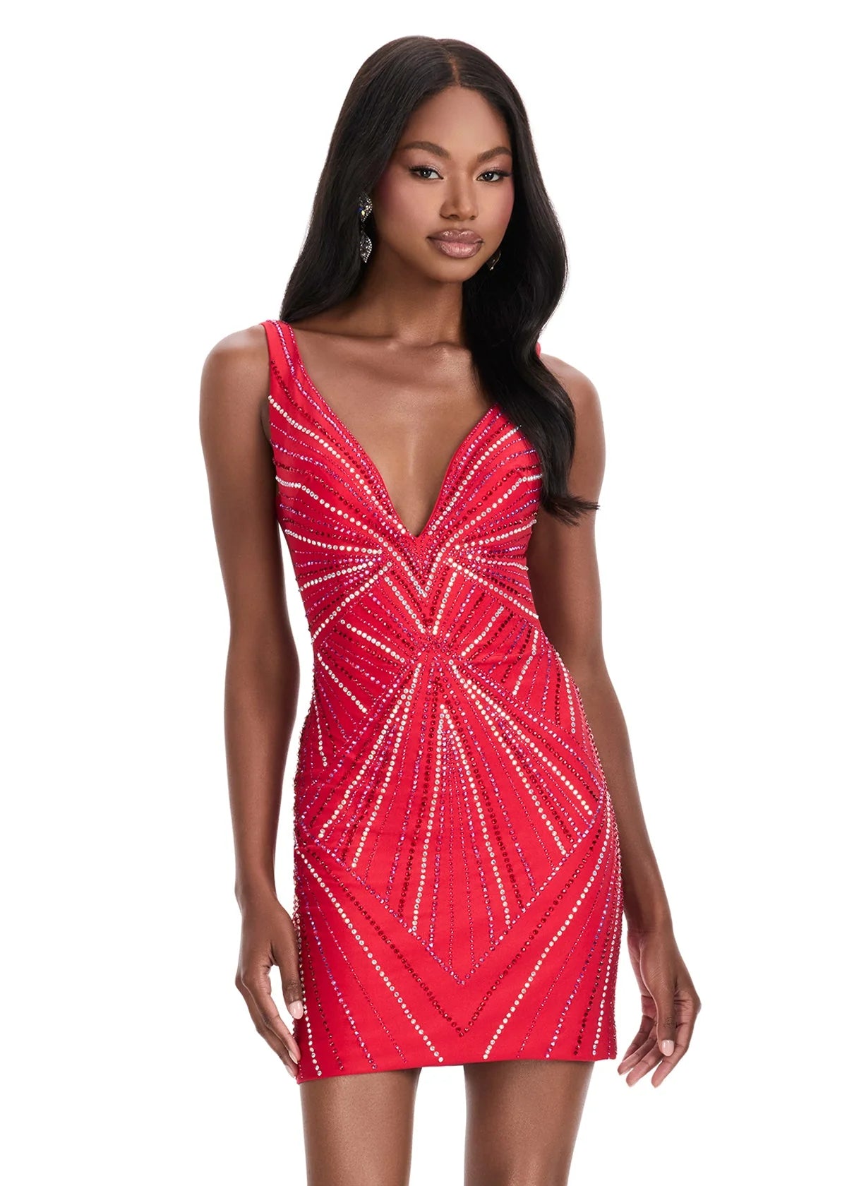Amara Mini Dress | Red Embellished Evening Mini Dress with Deep V Neckline, Hand Placed Crystal Detailing and Sculpted Fit for Formal or Resort Occasions