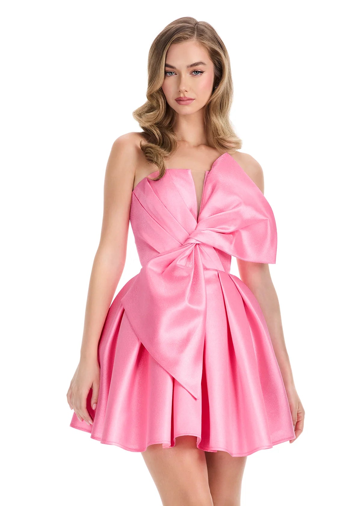 Lydia Mini Dress | Pink Elegant mini dress with oversized bow accent, fitted bodice, and flared pleated skirt.