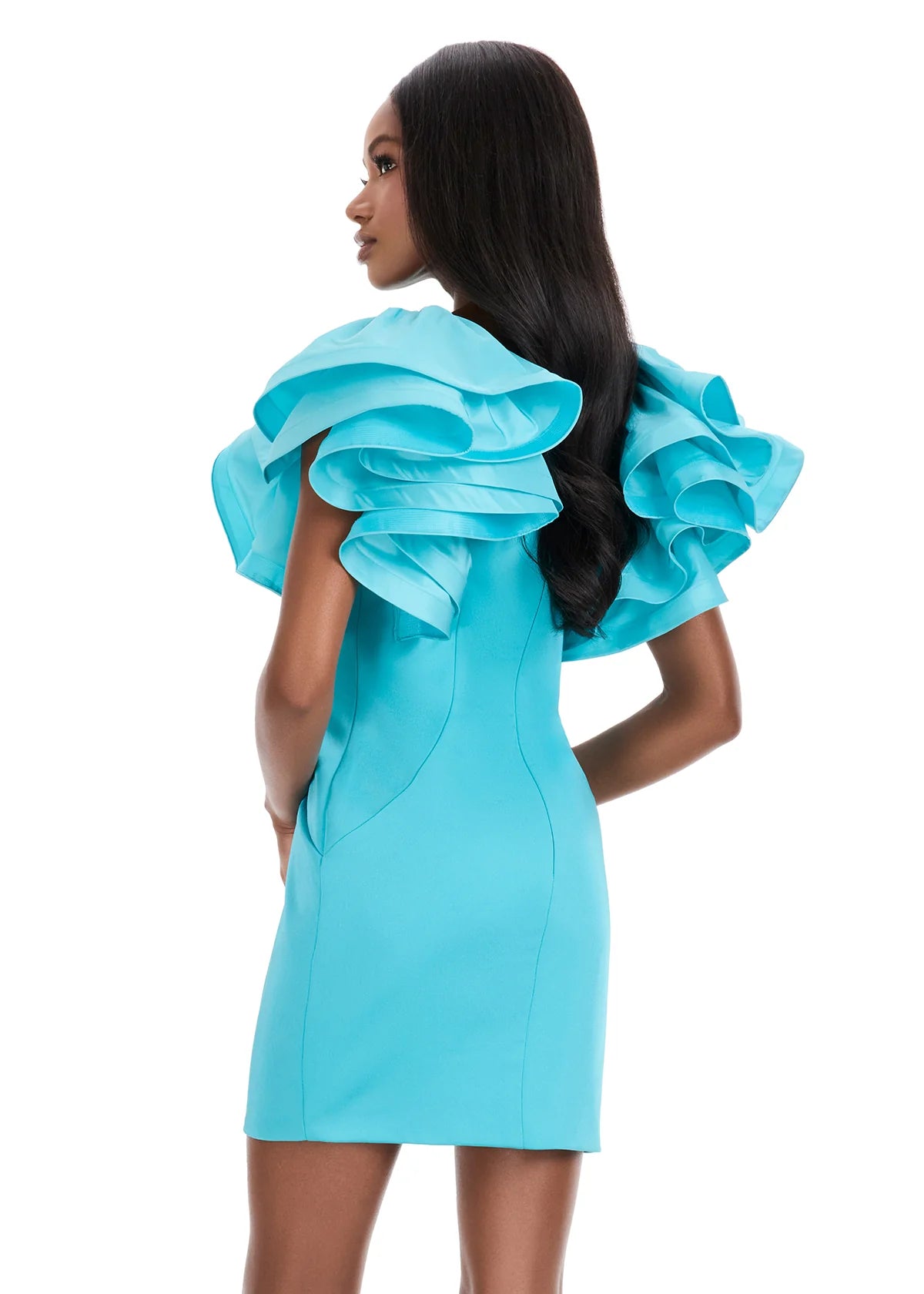Yesenia Mini Dress | Ocean Statement cocktail mini featuring dramatic sleeve accents and streamlined design.