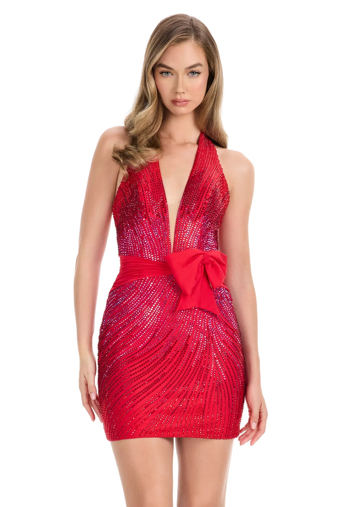 Lorelei Mini Dress | Red Fully beaded jersey mini dress with plunging neckline, statement waist bow, and fitted silhouette.