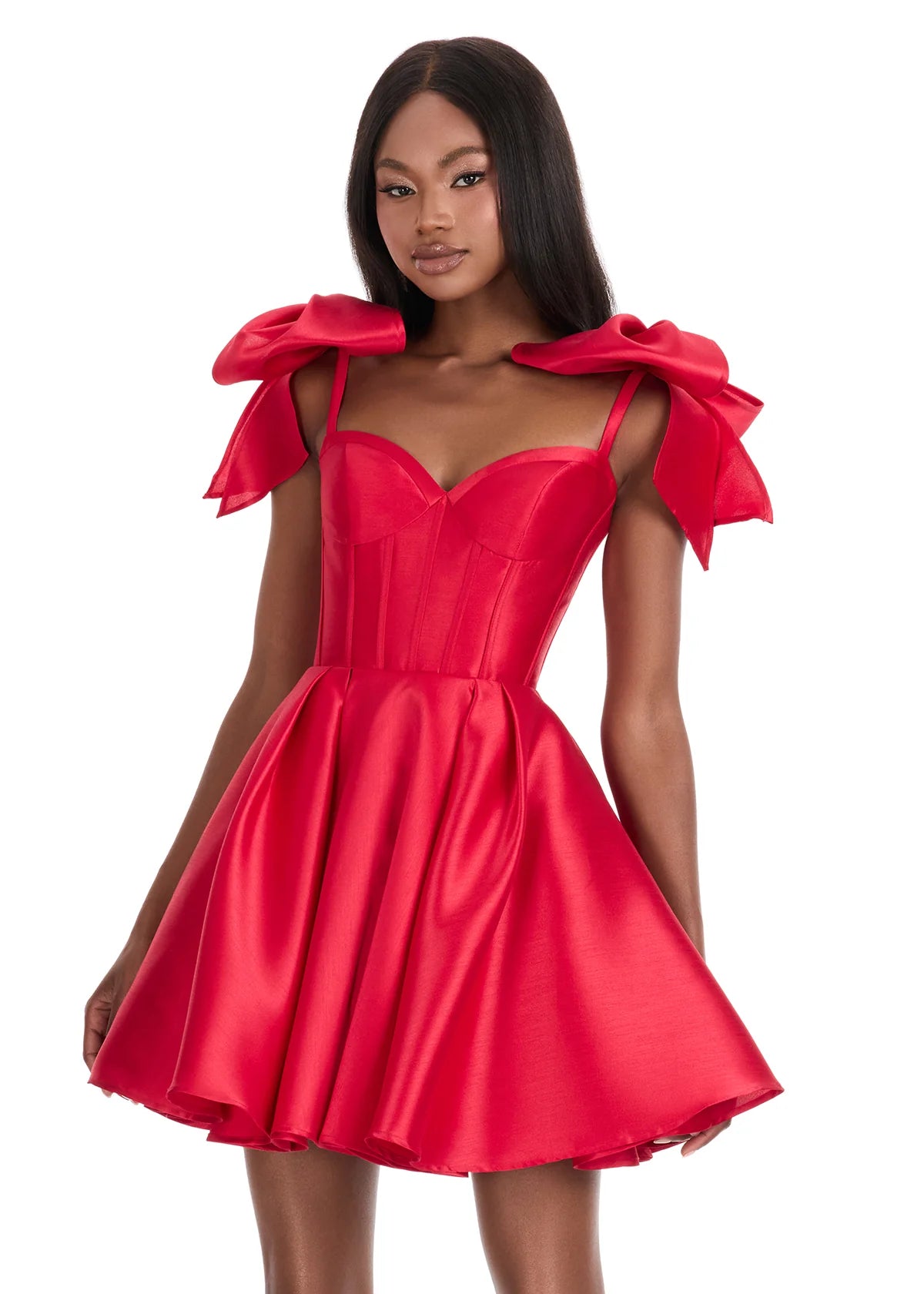 Galene Mini Dress | Red Glamorous mini dress with sweetheart cut, statement bows, and playful voluminous silhouette.