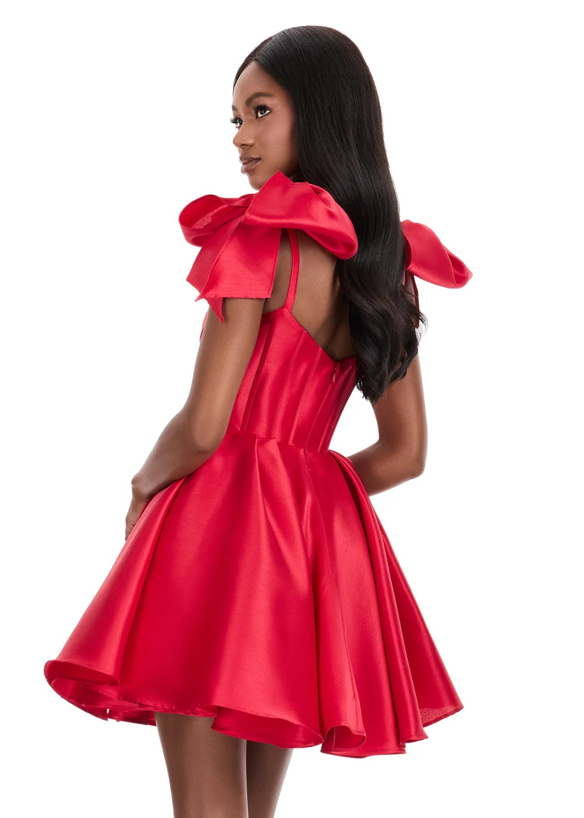 Galene Mini Dress | Red Statement mikado cocktail mini featuring structured bodice, bold bow accents, and flowing skirt.
