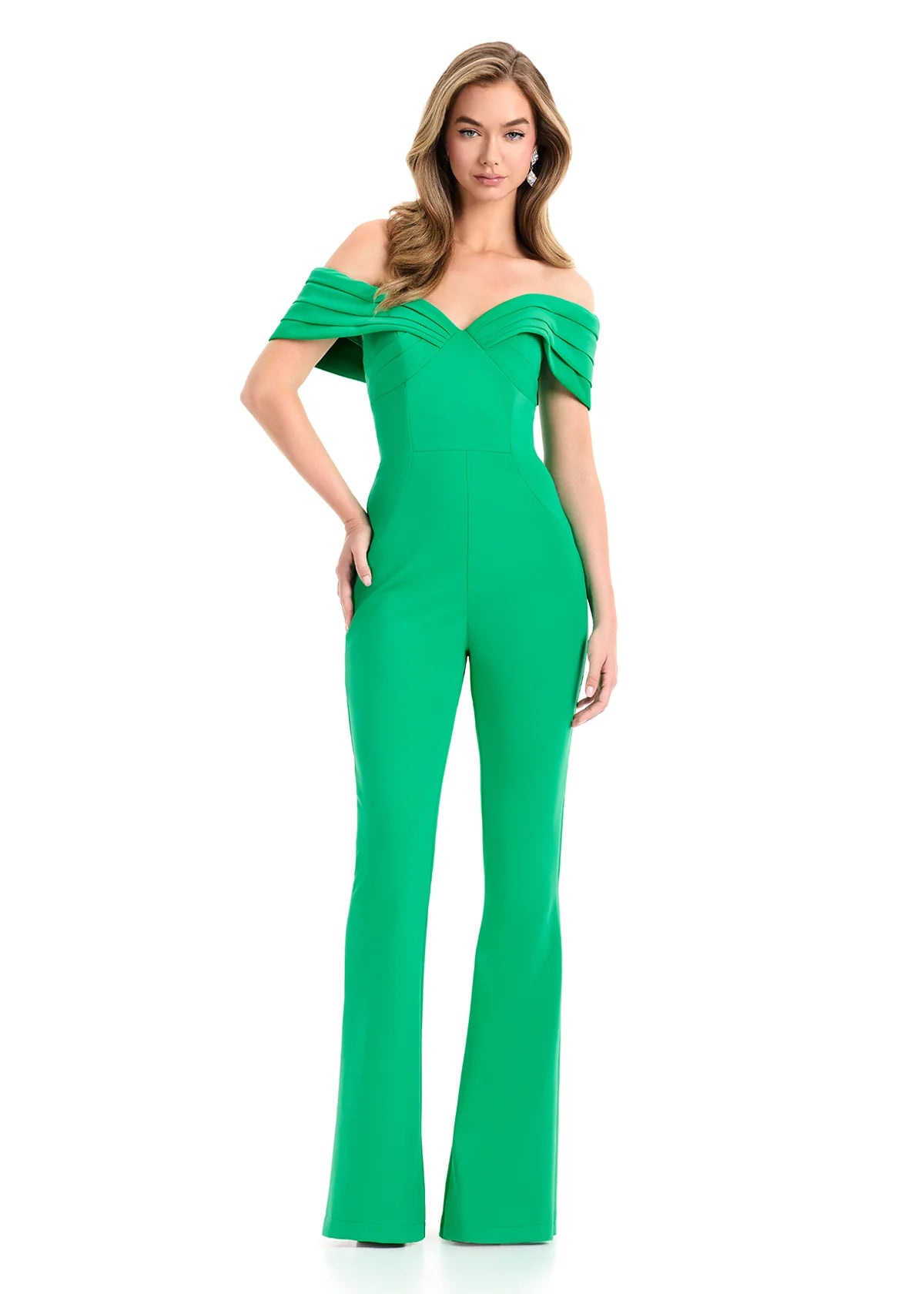 Aeris Jumpsuit ASHLEYlauren 12054 | Green Scuba jumpsuit with off-shoulder neckline, tailored bodice, and flared legs.