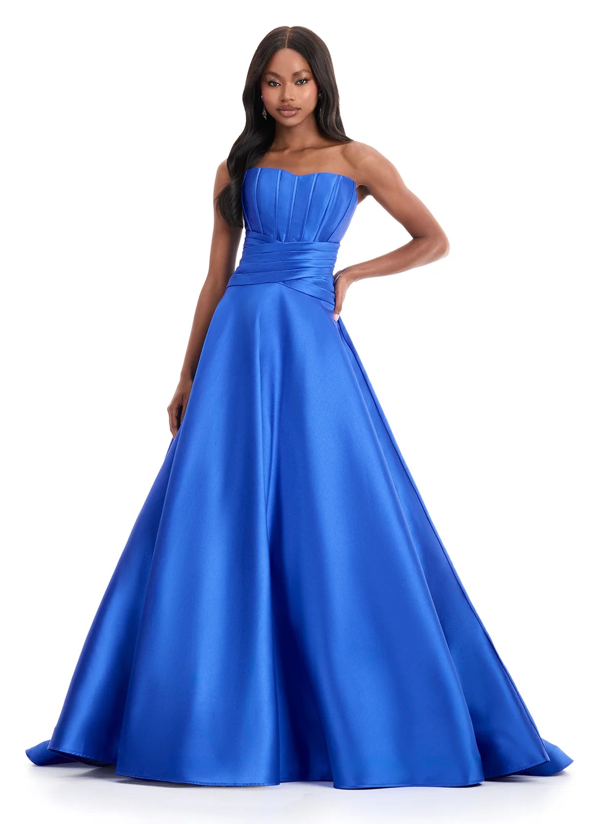 ASHLEYlauren 12055 Jadira Gown | Royal Mikado ball gown with strapless tailored bodice, pleated waist, and voluminous skirt.