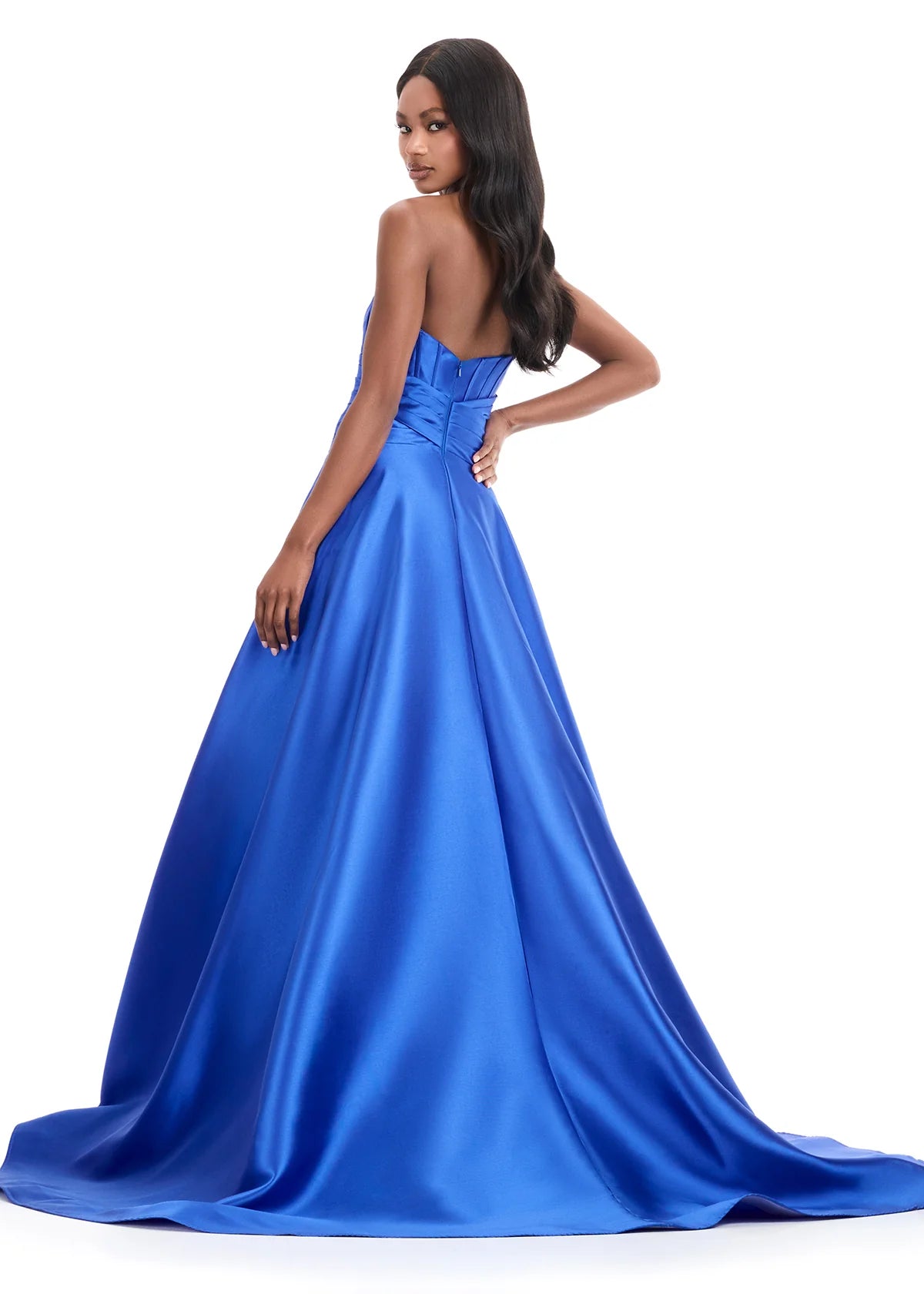 ASHLEYlauren 12055 Jadira Gown | Royal Elegant ball gown featuring structured strapless bodice, pleated detailing, and flowing full skirt.