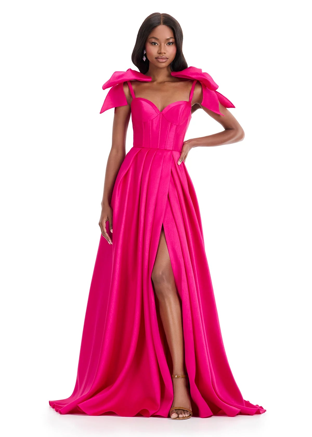 Galene Gown ASHLEYlauren 12065 | Fuchsia Mikado evening gown with sweetheart neckline, oversized bow straps, pleated skirt, and sweeping train.