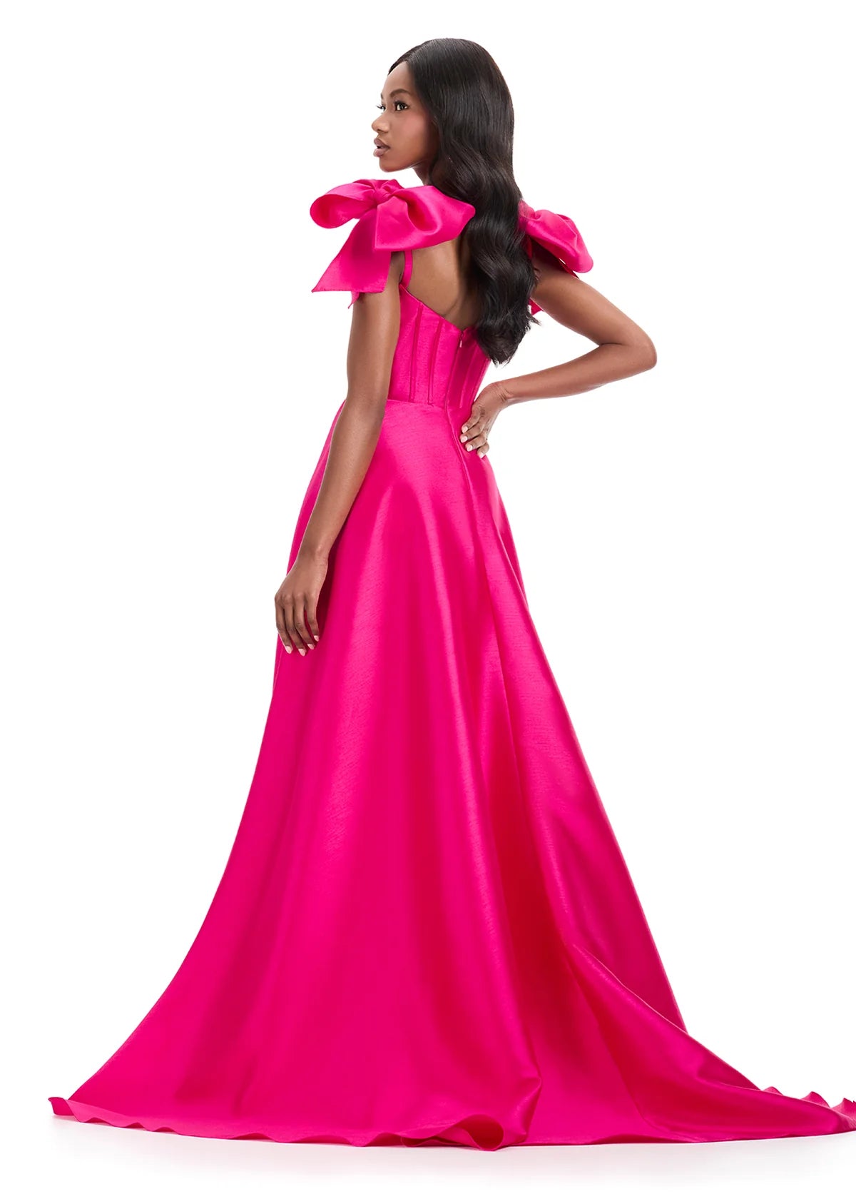 Galene Gown ASHLEYlauren 12065 | Fuchsia Elegant gown featuring structured bodice, statement bow-shoulder straps, and voluminous pleated skirt.