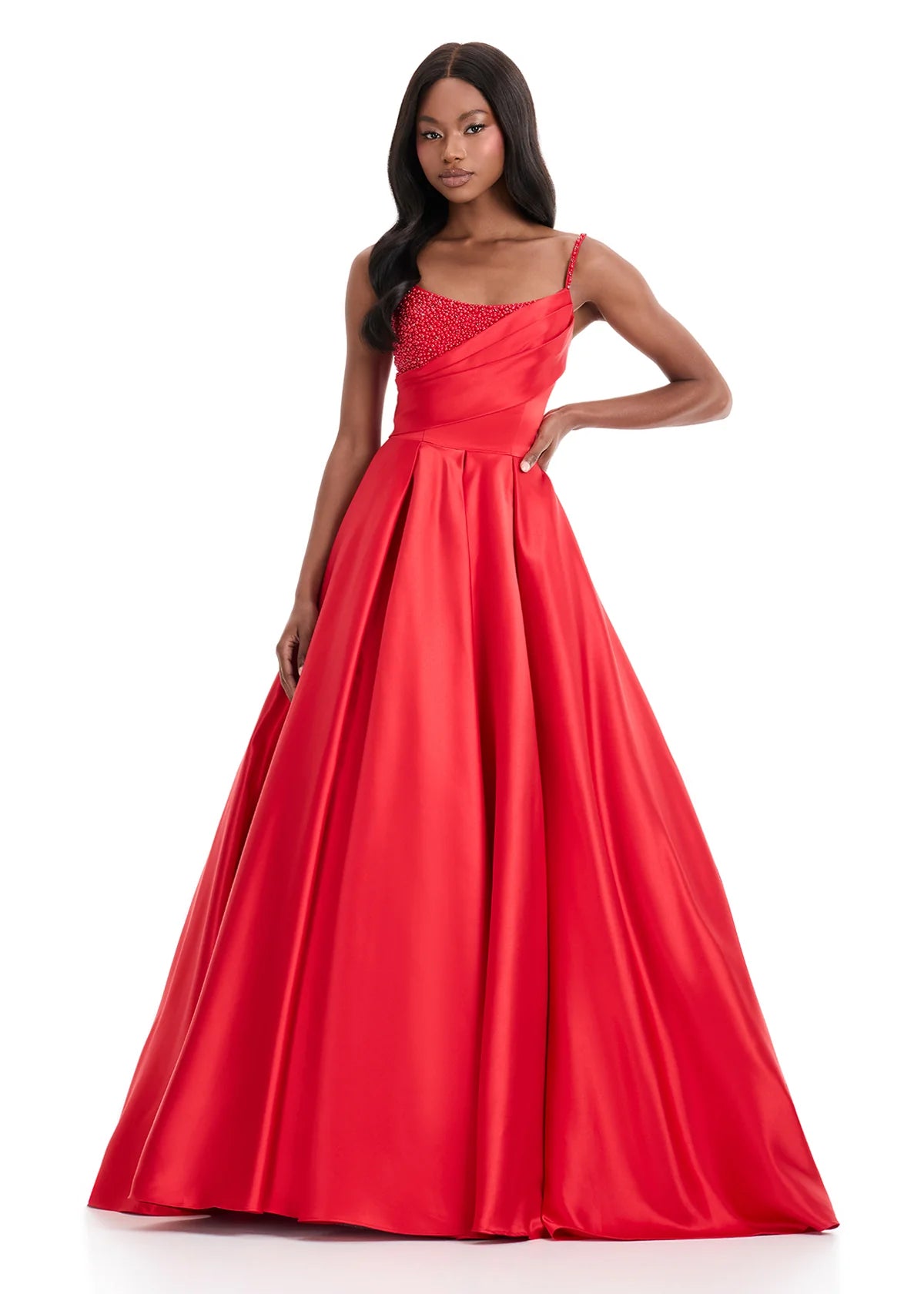 ASHLEYlauren 12086 Gown | Red Ball gown with intricately beaded bodice, asymmetrical straps, and voluminous satin skirt.