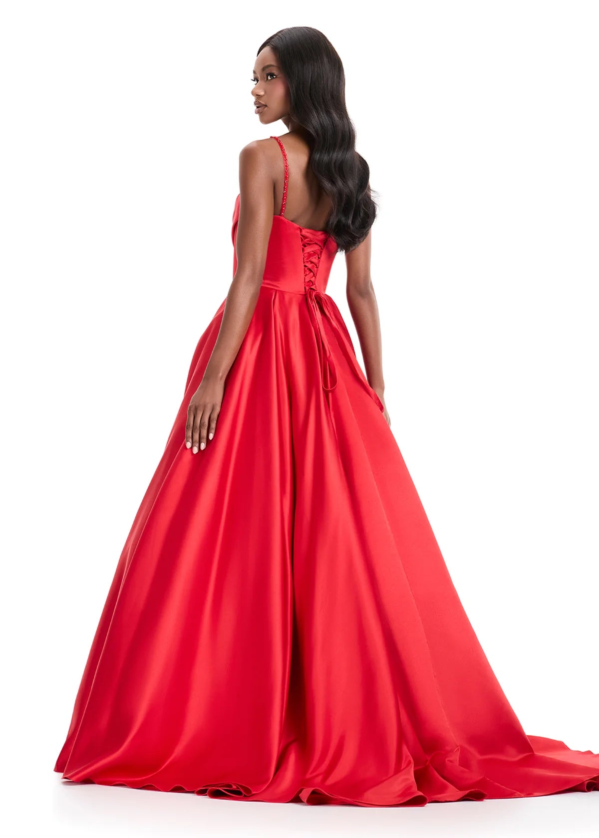 ASHLEYlauren 12086 Gown | Red Elegant gown featuring embellished bodice, sweeping train, and full structured satin skirt.