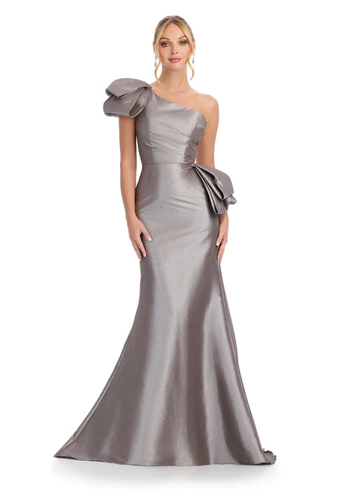 Milan Gown | Silver Elegant one-shoulder gown with ruffled detail and mermaid skirt