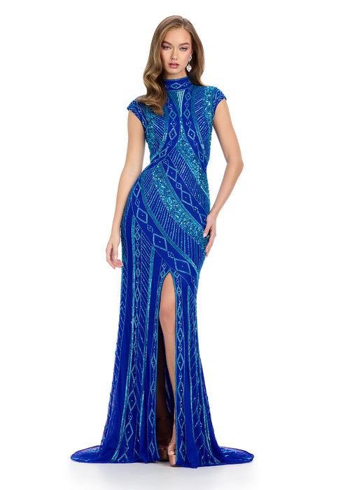 Effie | Turquoise-Royal Elegant blue floor-length gown with cap sleeves, high neckline, intricate gold geometric beadwork, and a front slit for added sophistication.