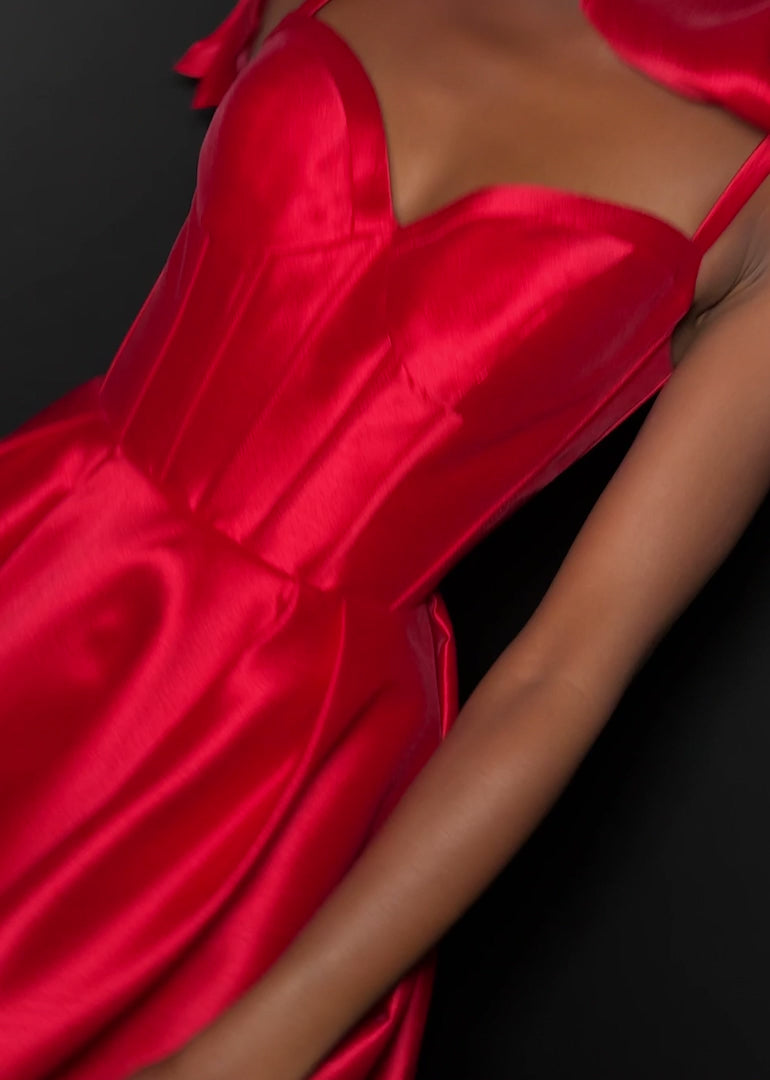 Galene Mini Dress | Red Bold mini with sweetheart neckline, oversized bow sleeves, and dramatic flared skirt.
