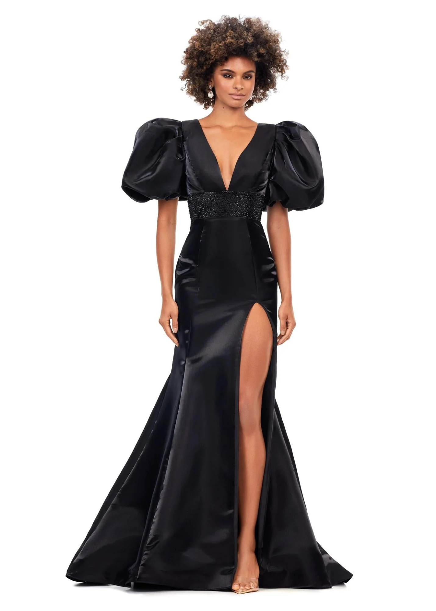 Clara Gown | Stunning shimmer satin gown featuring a flattering V-neckline and dramatic oversized puff sleeves.