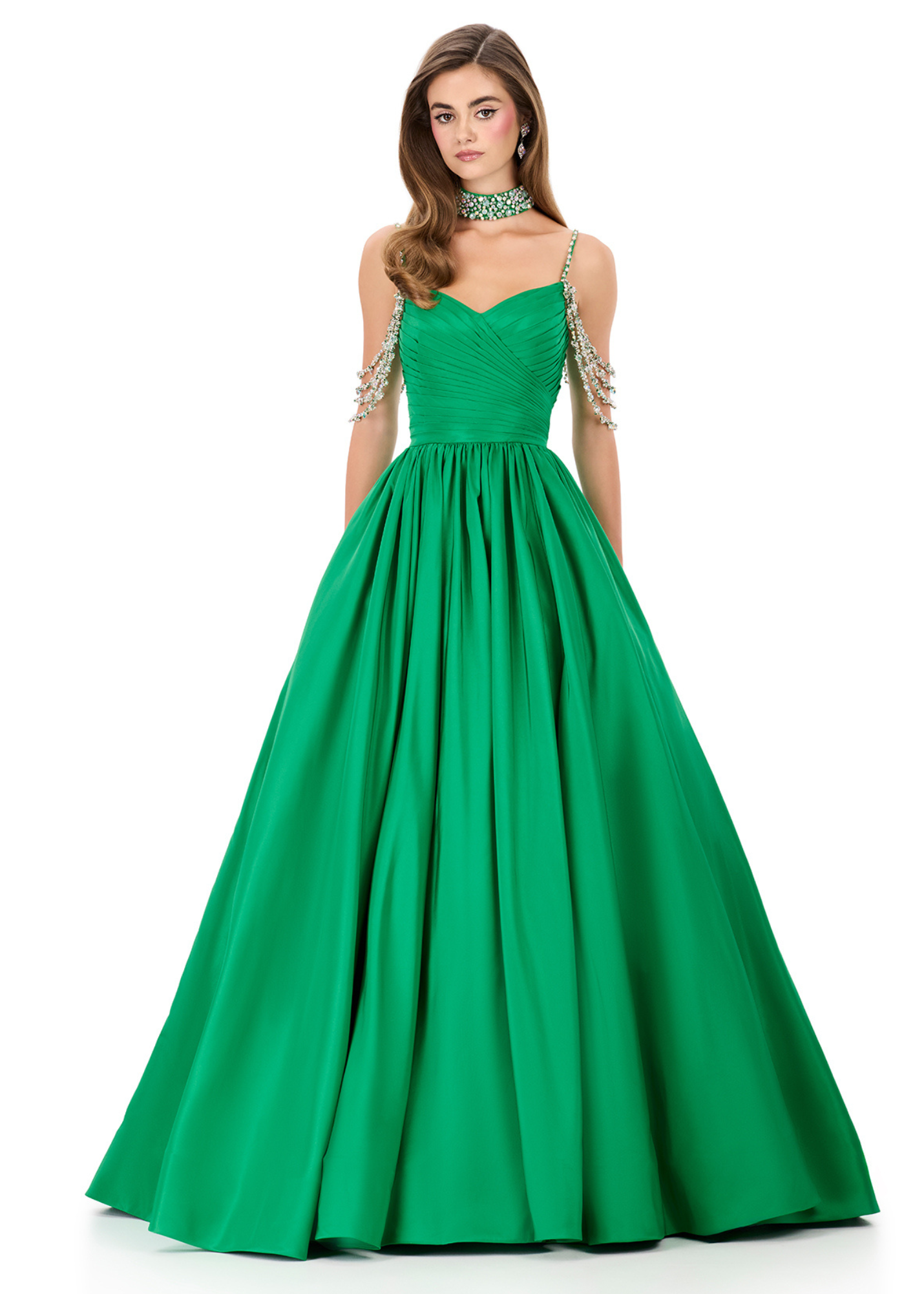 Lavea Gown | Taffeta ball gown prom dress with sweetheart neckline, embellished straps and dramatic full skirt