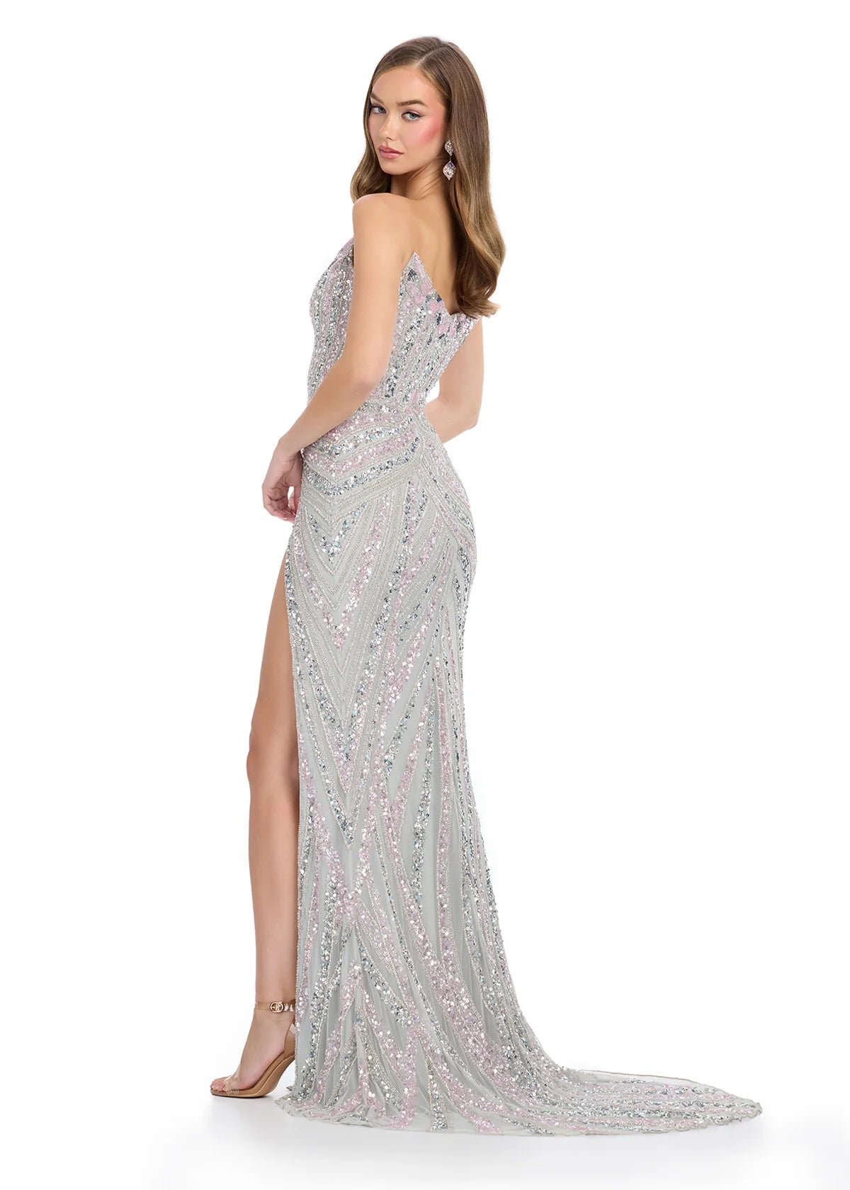 Back View - Silver & Pink Strapless Evening Gown With Plunging Sweetheart Neckline, Sequinned Embellishments, High Slit, and Fitted Silhouette