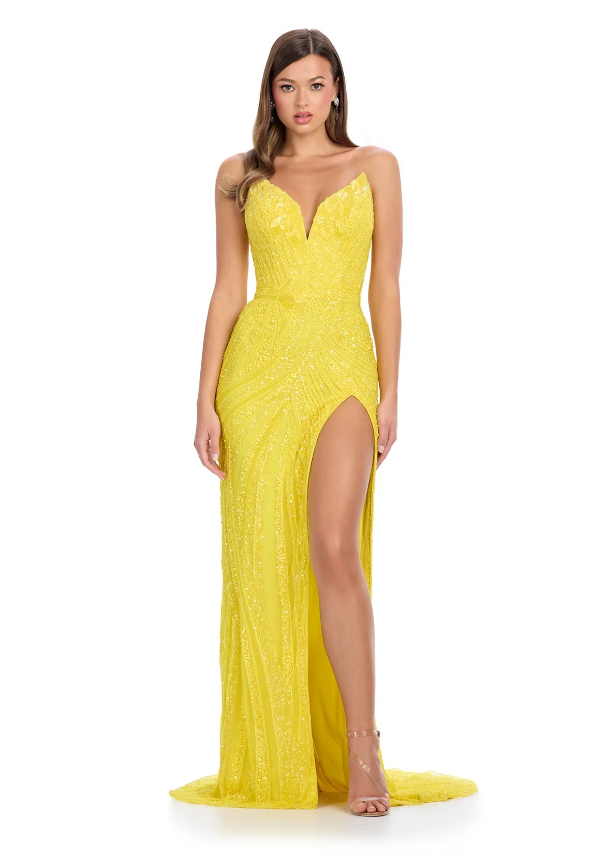 Yellow Strapless Evening Gown With Plunging Sweetheart Neckline, Sequinned Embellishments, High Slit, and Fitted Silhouette