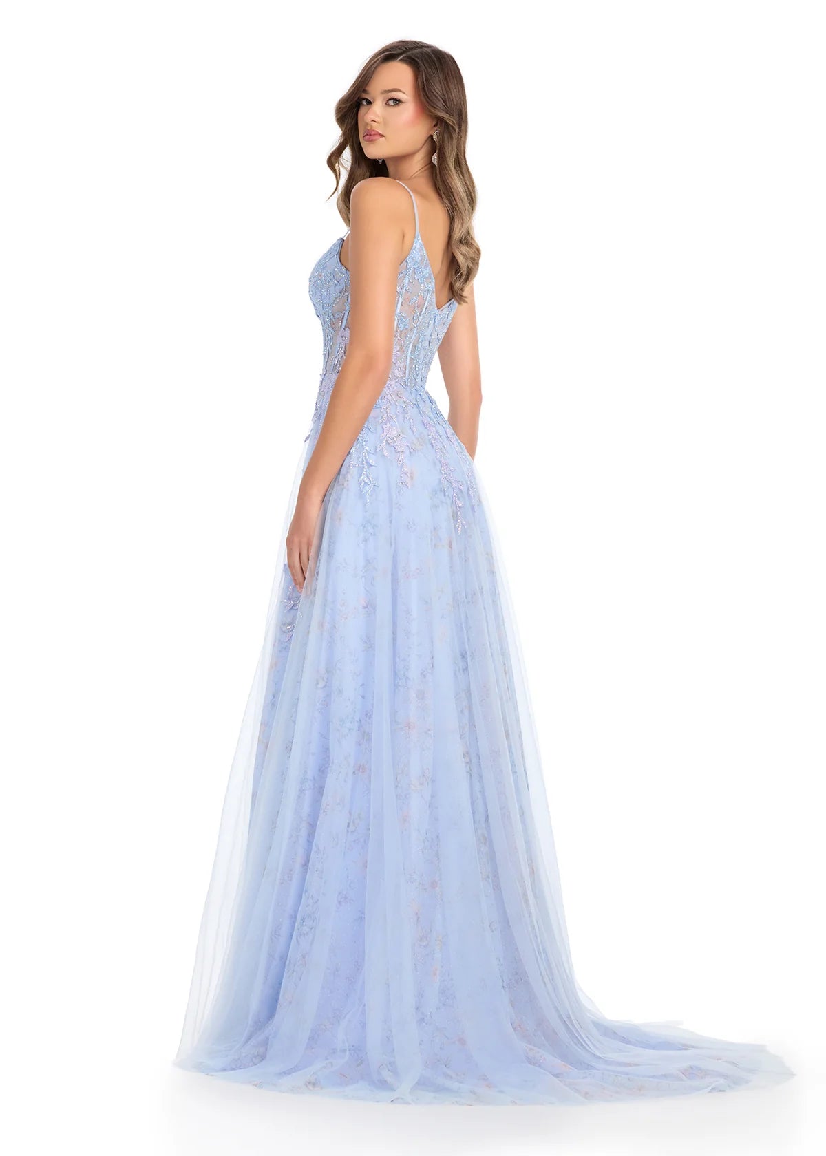 Back view - Elegant spaghetti strap evening gown featuring a structured corset bodice with floral embroidery, flowing tulle skirt with thigh-high slit, and a romantic design.