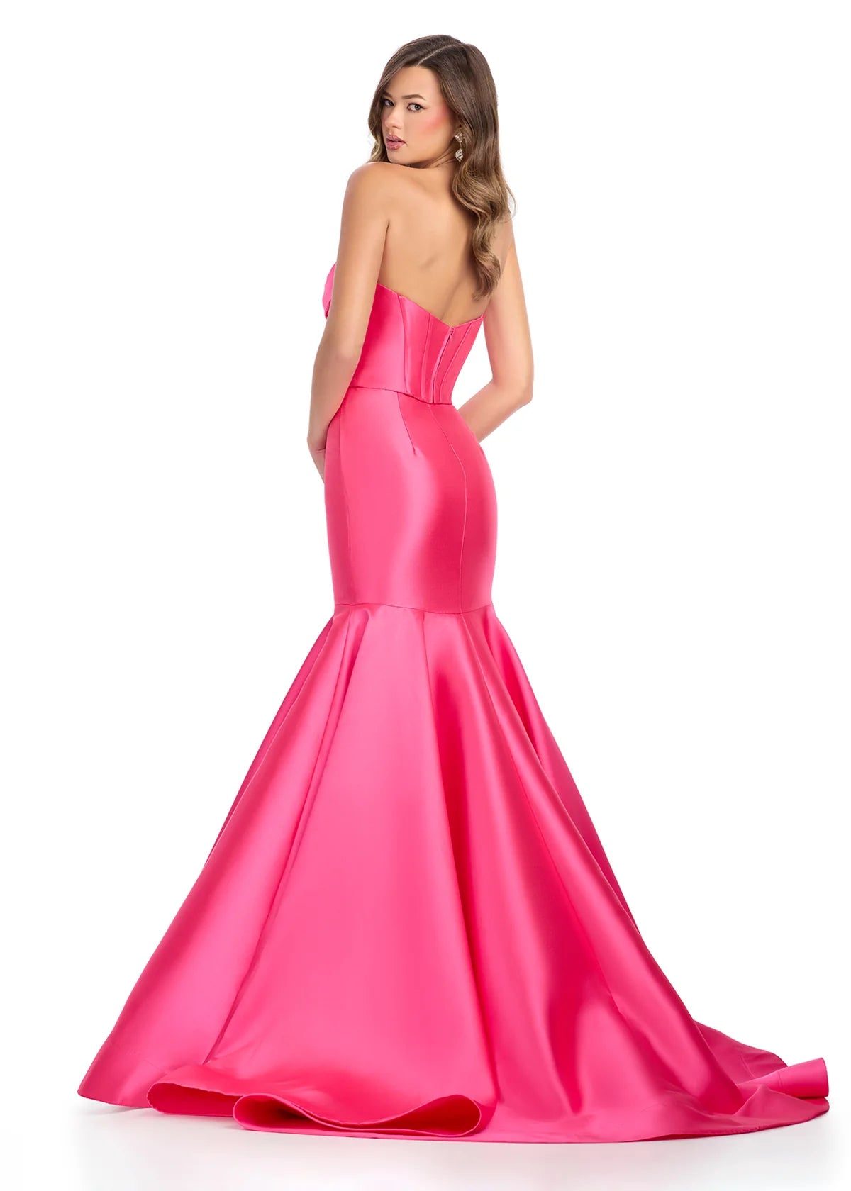 Strapless Pink  Mermaid Gown Featuring A Satin Corset Bodice And Dramatic Flared Skirt. Back View.