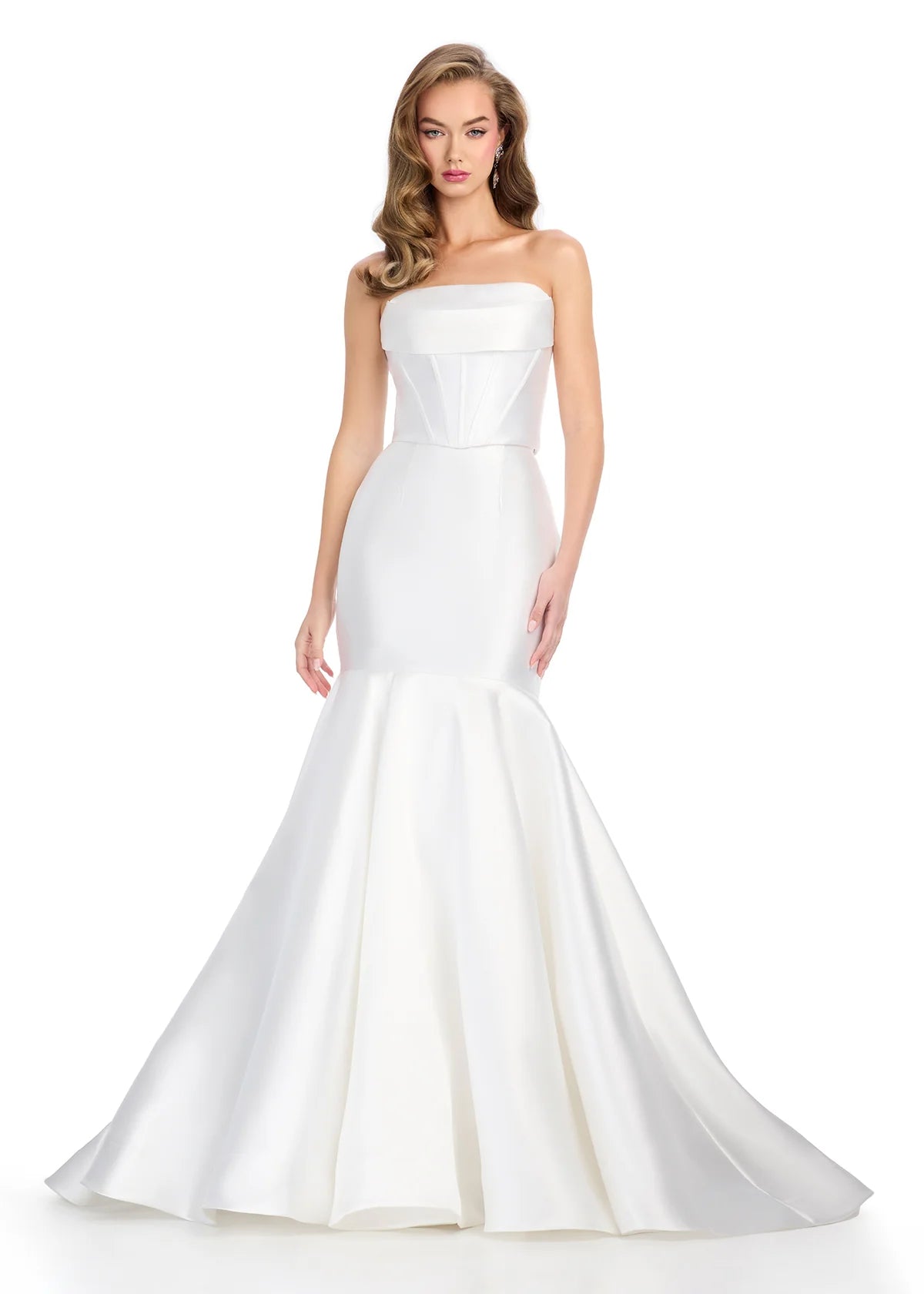 Strapless White Mermaid Gown Featuring A Satin Corset Bodice And Dramatic Flared Skirt.