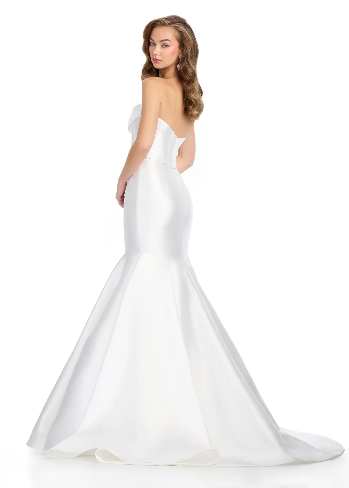 Strapless White Mermaid Gown Featuring A Satin Corset Bodice And Dramatic Flared Skirt. Back View.