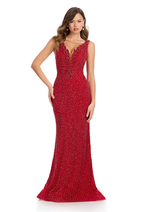 Sicily Gown | Red ASHLEYlauren evening gown with a structured bodice, fitted shape and daring high slit, a bold statement look for galas and formal events.