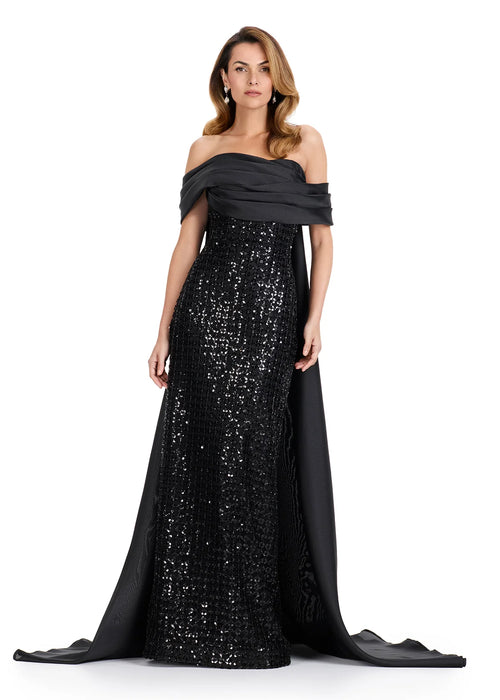 Santigo Gown | Black beaded gown with square stitch detailing, off the shoulder neckline, draped sleeves and organza cape creating a regal and graceful silhouette.