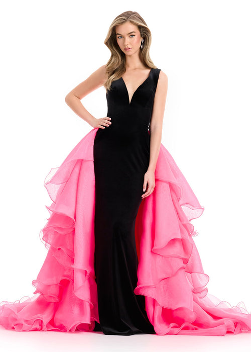 Kira Gown | Black-hot-pink velvet gown with plunging neckline and layered organza overskirt