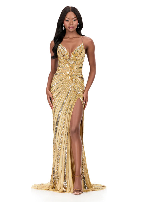 Ariella Gown | Gold Fully beaded gown with plunging neckline, high slit, lace-up back and train, perfect for prom or gala events